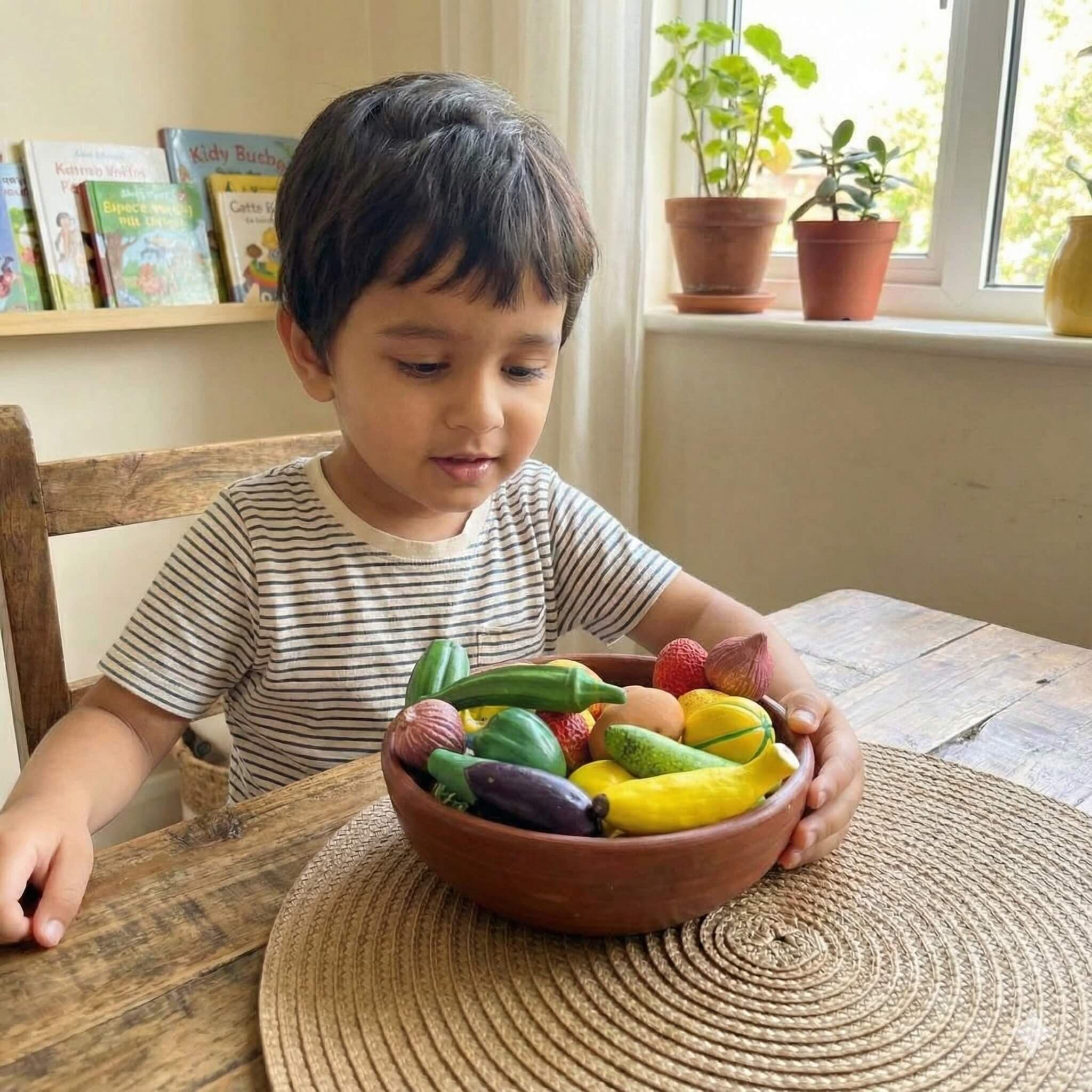 Colorful Vegetables And Fruits Toys Miniature Set With Clay Bowl | 30 Pieces | Table Decor